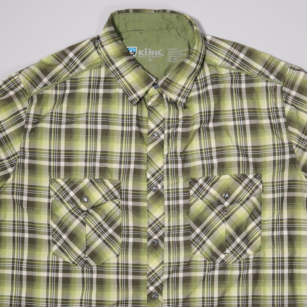 KUHL Eluxur Pearl Snap Plaid Shirt Green Polyester Ionik Outdoor Mens Medium M